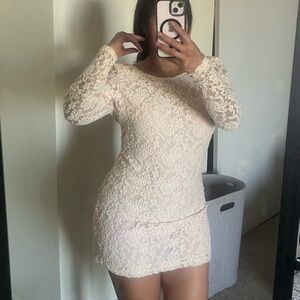 Motel Rocks Cream Lace Low Back Mini Dress Long Sleeve Bateau